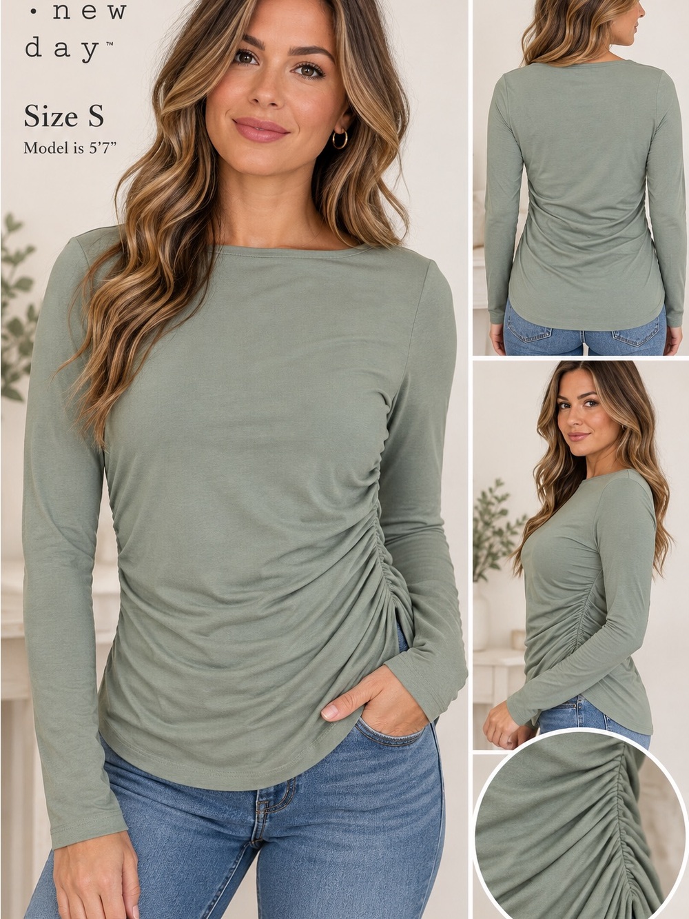A New Day Fern Green Long Sleeve Ruched Side Top Size XS